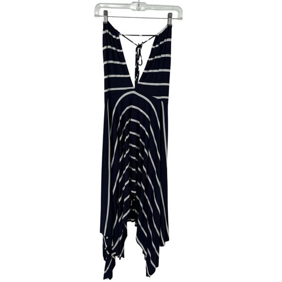 Elan Beach String Halter Dress medium Navy Blue Striped Asymmetrical Hem Midi - Picture 3 of 11